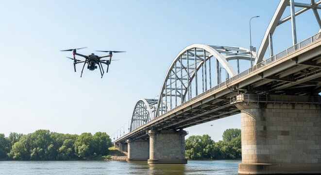 A modern drone conducts aerial inspection of a large steel arched bridge over a calm river on a clear day