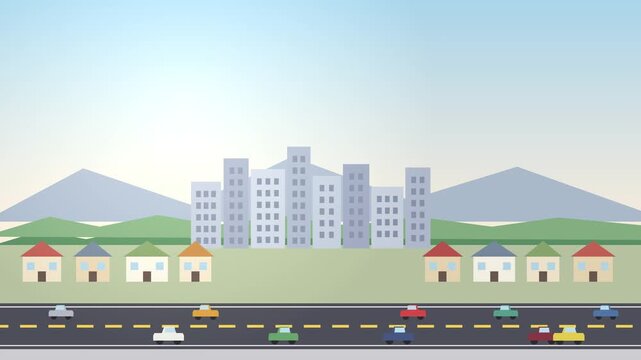 Flat vector cartoon urban landscape road with cars and city skyline buildings, family houses, mountain backdrop, loop
