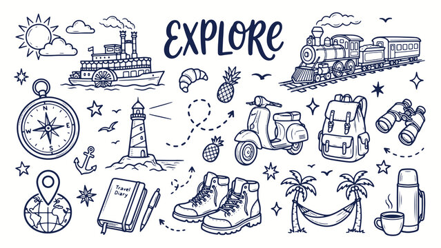 Travel exploration doodles with boat train compass backpack globe and lighthouse in adventurous composition