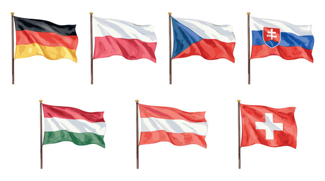Central European flags collection with watercolor texture