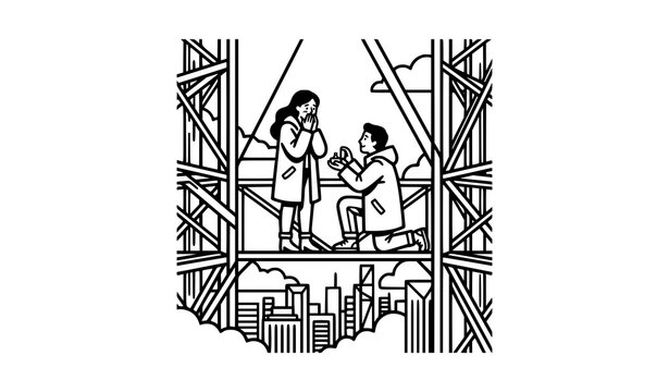 Man proposing to woman on high skyscraper scaffolding vector line art