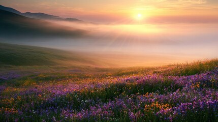 Fototapeta premium Wildflowers bloom on misty mountain slope at sunrise