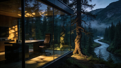 Fototapeta premium Modern Glass Cabin Office in Deep Forest Overlooking River at Night