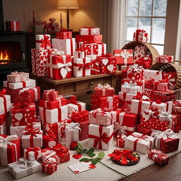 Colorful stacked gift boxes with red ribbons in store display.