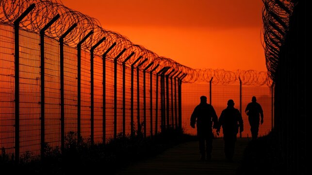 Three men walk near a barbed wire fence at sunset