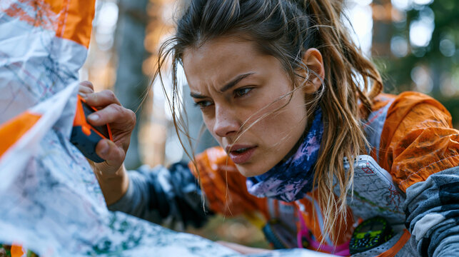 Orienteering competitor punching electronic dibber into control flag deep in autumn beech forest during championship event, compass still in hand and route-choice map clipped to thumb board, focused
