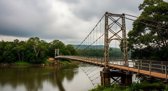 Steel truss bridge spanning calm green river with trees.