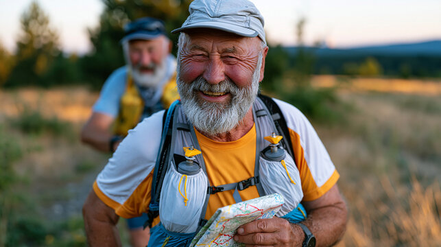 Rogaining elderly pair finishing final kilometer run-in to checkpoint through open farmland at dusk, hand-drawn route marked map visible in lead runner grip, second navigator calling from behind wit