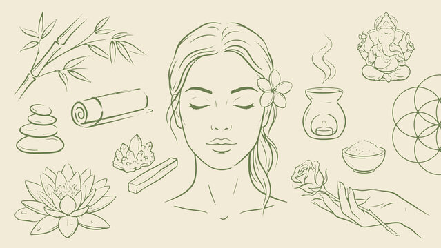 Line art portrait with flower tucked ear surrounded by wellness items bamboo yoga stones lotus crystals incense aroma lamp salt bowl rose and Ganesha in spiritual composition