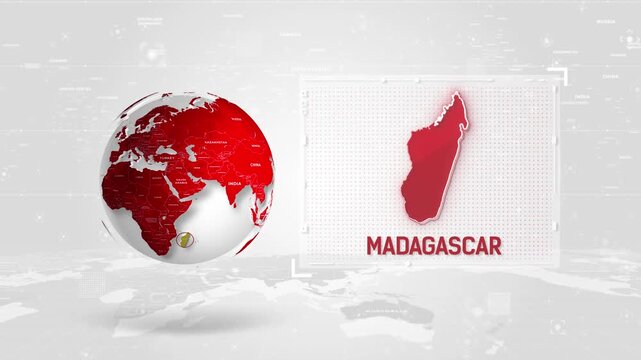 Madagascar 4K Tech Map Beside Globe On White Background.