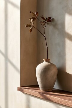 Minimalist ceramic vase with dried wildflowers on floating walnut shelf in warm Scandinavian interior