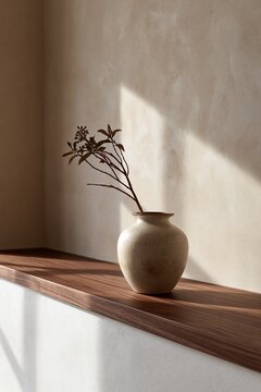 Minimalist ceramic vase with dried wildflowers on floating walnut shelf in warm Scandinavian interior