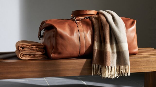 Sophisticated travel-inspired still life featuring a premium brown leather duffel bag styled with a soft cashmere throw and folded knit blanket on a handcrafted walnut slatted bench