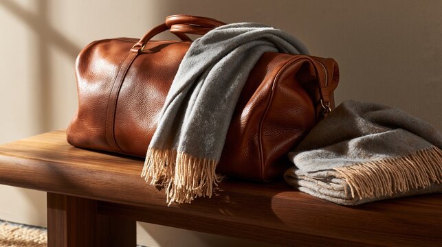 Luxury leather duffel bag with cashmere throw on walnut slatted bench in minimalist interior