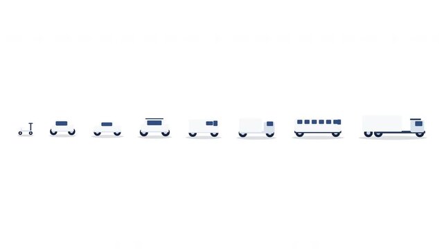 Modern car fleet parking, diverse vehicles including semi-truck, bus, van, motorcycle, and sedan on neutral background