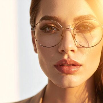 Close-up portrait of a woman with glasses smiling gently.