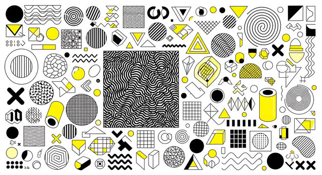 Abstract memphis style geometric pattern with yellow and black shapes geometric abstract background minimalist creative composition decoration illustration ornament backdrop
