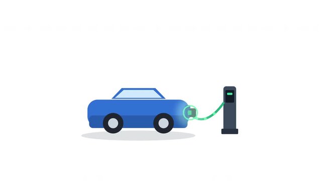 Blue electric suv car charging at a station, connected by a plug and cable, isolated flat vector illustration