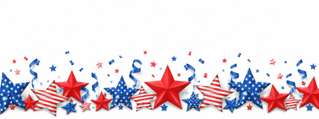 Obraz premium Fourth of July background. 4th of July holiday long horizontal border. USA Independence Day Decoration elements - confetti stars in national colors isolated on background.