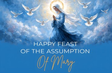 Happy Feast of the Assumption of Mary Religious Illustration with Doves