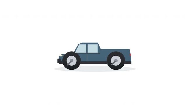 Isolated pixel art off-road pickup truck, simple 4x4 double cab utility vehicle, side view motion graphic