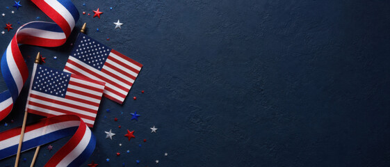 Happy Presidents Day banner with grosgrain ribbon, American flags and confetti stars on blue background. USA Independence Day, American Labor day, Memorial Day, US election concept.