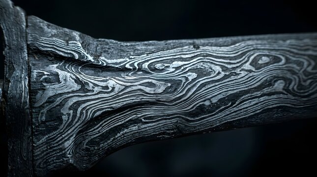 Macro view of damascus steel knife blade pattern with damascus textured craftsmanship hardened