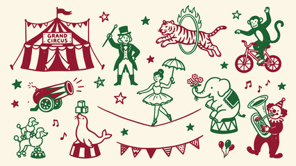 Circus grand performance illustration with tent ringmaster animals and acrobats in playful red and green style © Abdul Waheed Studio