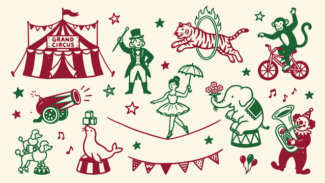 Circus grand performance illustration with tent ringmaster animals and acrobats in playful red and green style