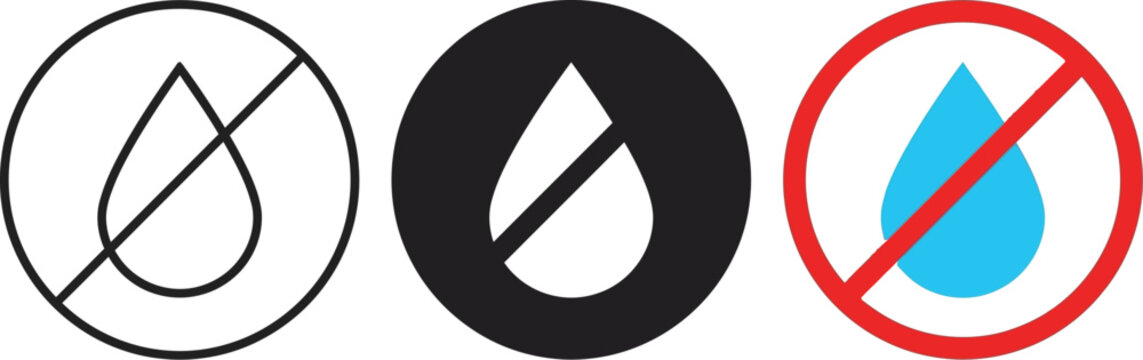 Three distinct circular icons featuring a water drop symbol with a diagonal slash through them
