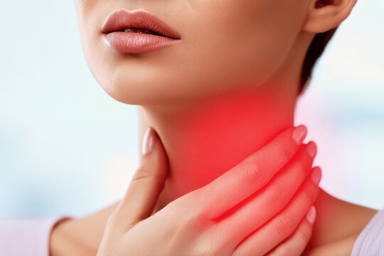 Woman touches neck to thyroid gland disease symptoms. Glowing red sign on throat. Endocrine inflammation hypothyroidism goiter node or larynx pain. Lymph node screening, hormones. Awareness campaign