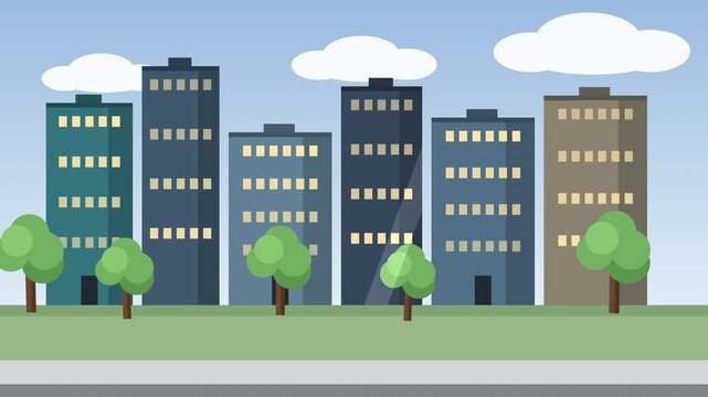 Pixel art cityscape with diverse office buildings and trees, cartoon style urban landscape loop