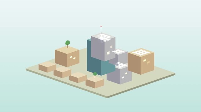 3d isometric dimetric illustration of urban modern city buildings, apartment houses, residences, office architecture in cartoon pixel art style, cityscape
