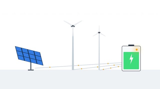Renewable energy smart grid system with solar panels, wind turbines, and battery storage, clean power generation illustration
