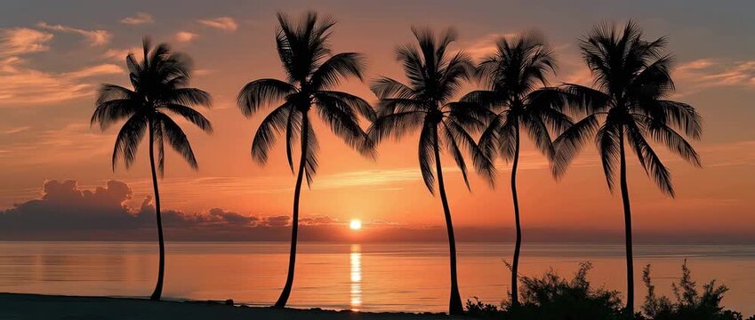 A tranquil sunset over the ocean with palm palms in the backdrop that may be used as a landscape or background