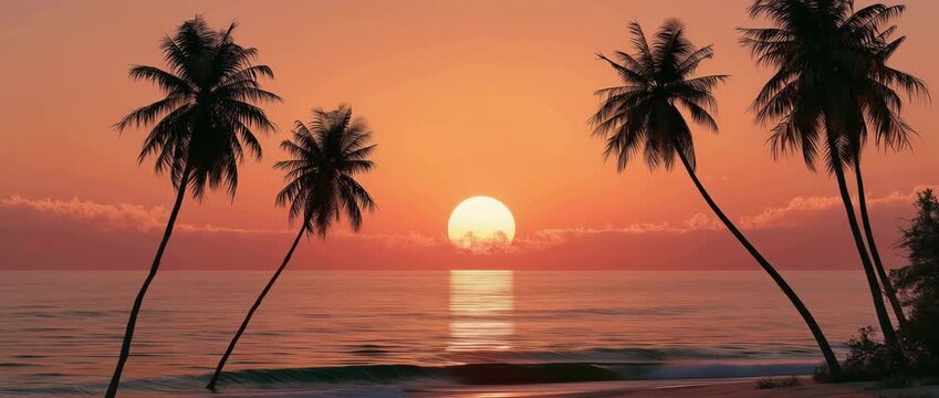 A tranquil sunset over the ocean with palm palms in the backdrop that may be used as a landscape or background