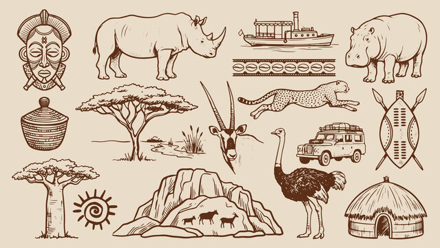 African wildlife and cultural motifs with animals landscapes and heritage symbols in brown on beige background