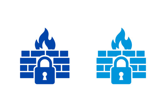 Network firewall security icons featuring brick wall with padlock and fire symbols in blue.