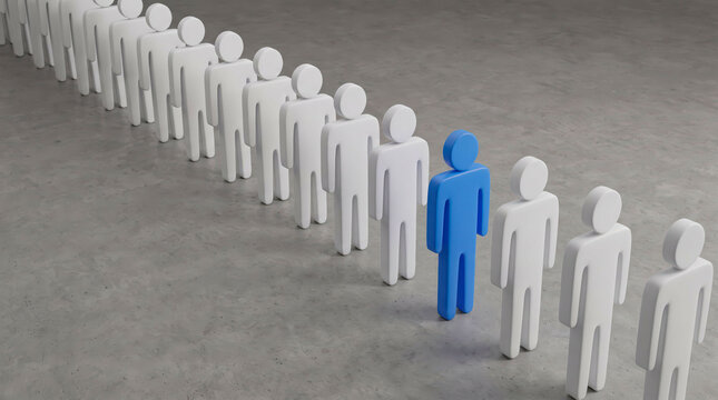 Blue figure standing in line of white icons