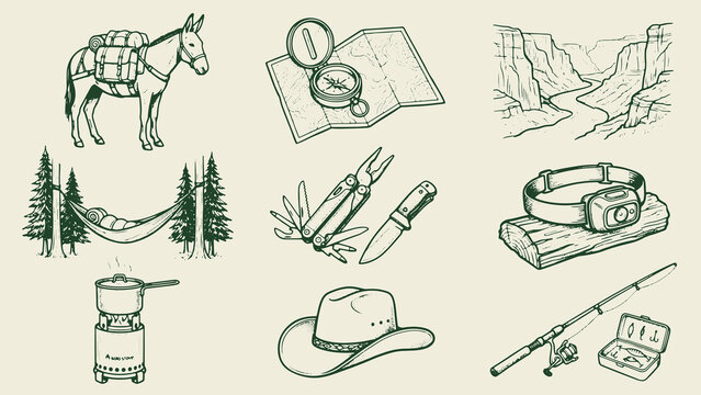 Outdoor adventure and camping illustrations with mule gear hammock stove and fishing rod in hand drawn style on light background