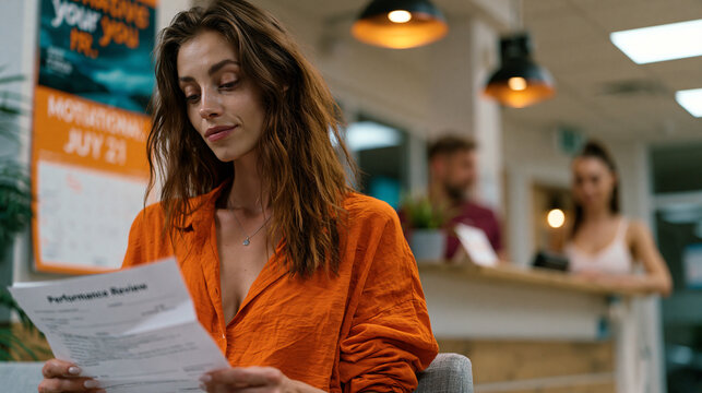 Accountant clutches printed performance review form in waiting area outside HR suite, reading comments for the third time, chair squeaking against tile floor as she shifts, motivational calendar on 
