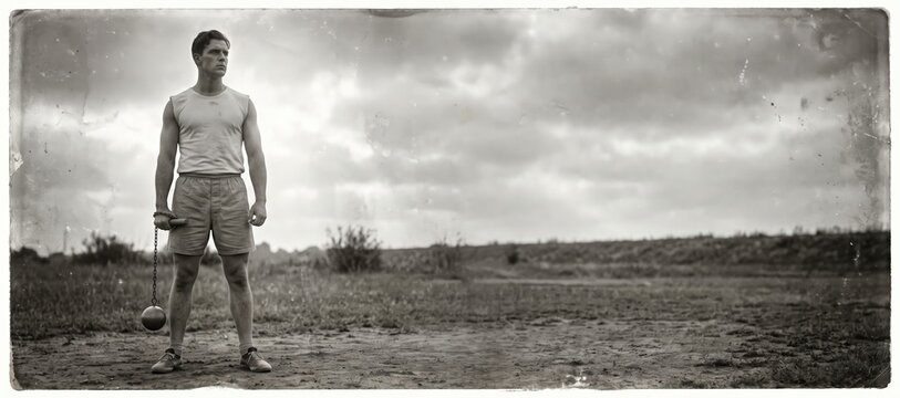 Historic hammer throw athlete holding metal ball outdoors