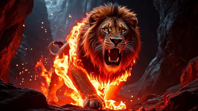 Roaring lion engulfed in flames