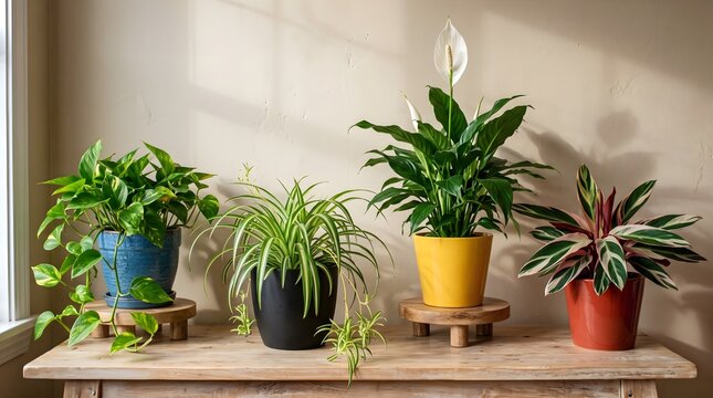 Indoor plants on a wooden table by the window