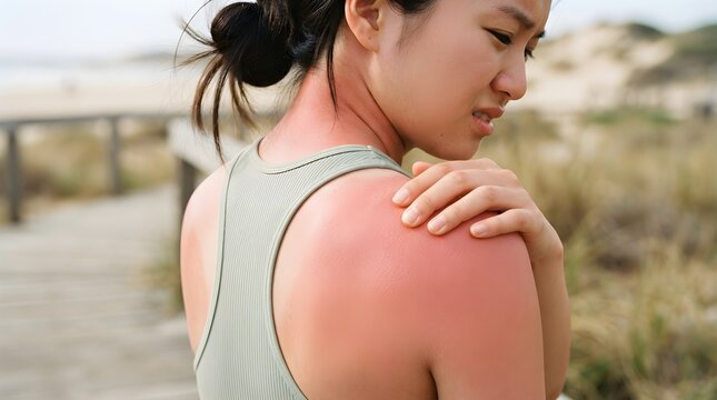 Young woman with painful sunburnt skin on her shoulder touching the reddened area while wearing a light green tank top