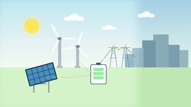 Renewable energy smart power grid system with solar panels, wind turbines, battery storage, vector illustration