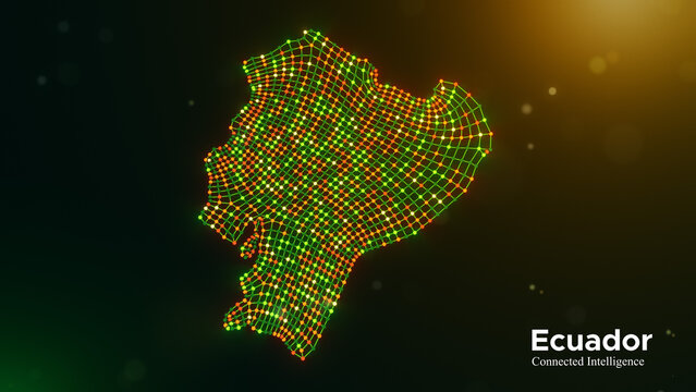 Ecuador connected intelligence concept featuring a digital node network map and modern typography on a vibrant green yellow orange technology background with glowing bokeh lights.