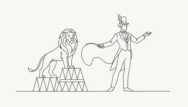 Circus ringmaster holding a whip while directing a majestic lion standing on podiums, simple line art drawing.
