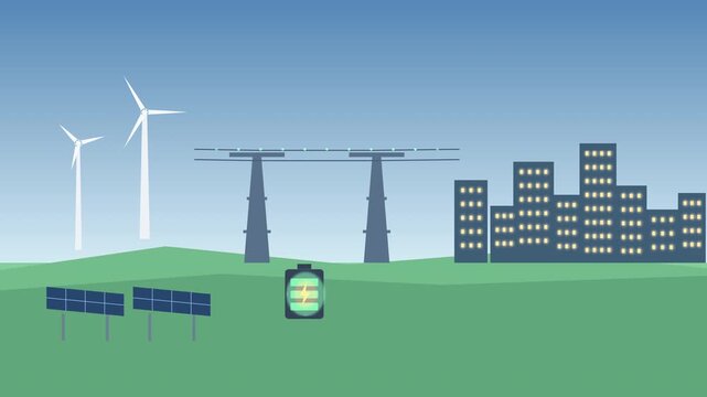 Renewable energy smart grid blockchain connected system, flat vector illustration of solar panels, wind turbines, battery