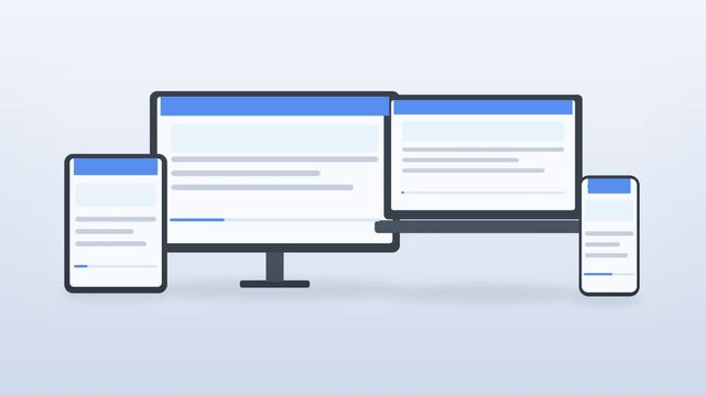 Responsive website design adapts across desktop computer, tablet, and mobile devices, digital technology.